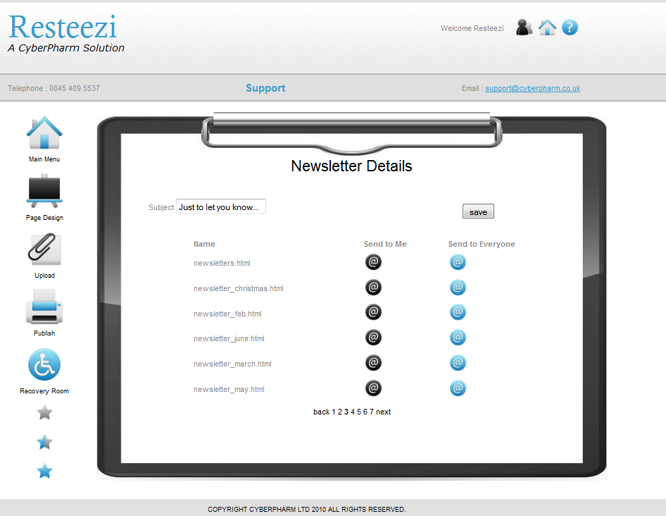 Resteezi on-line newsletter sending screen shot