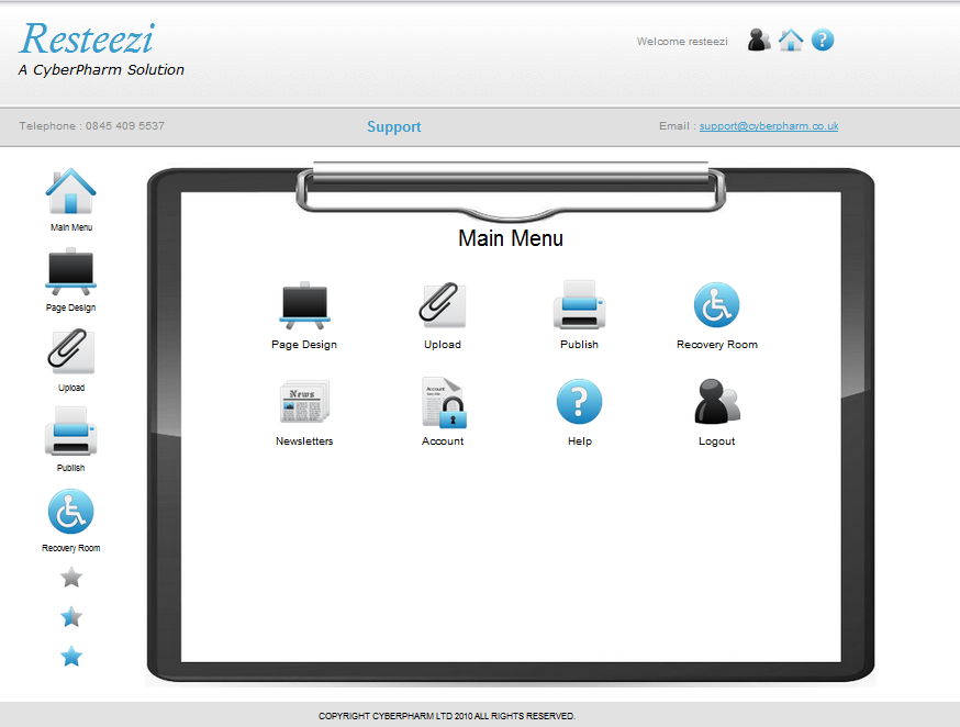 Resteezi on-line main menu